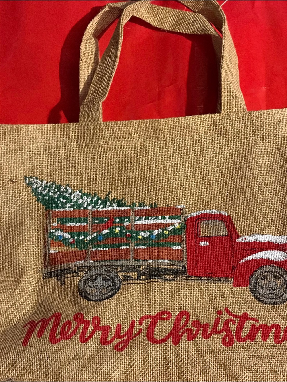 Festive Red Truck Burlap Tote Bag